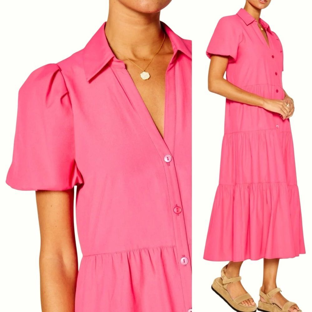BROCHU WALKER Havana Dress M Hot Pink Tiered Midi Shirtdress Puff Sleeve - Picture 11 of 11